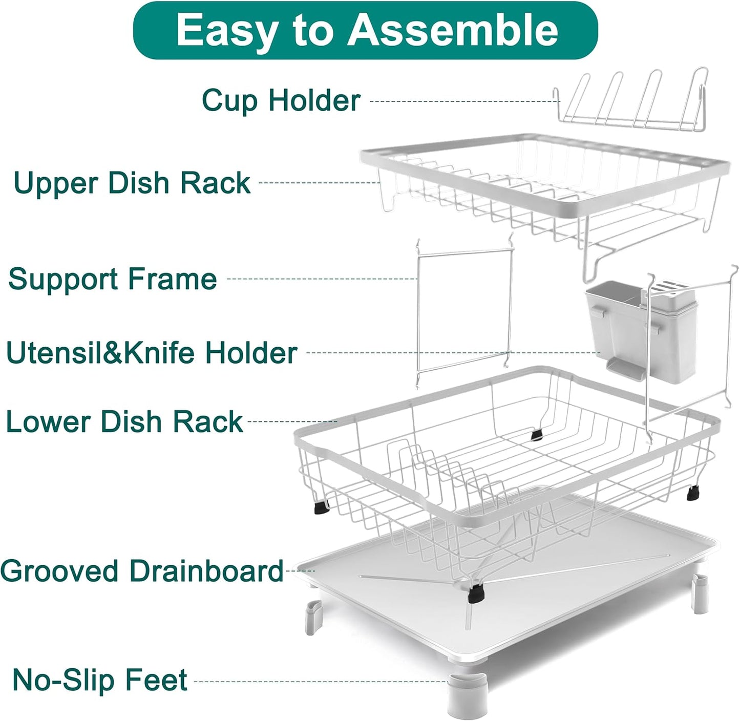 2-Tier Dish Drying Rack for Kitchen Counter,Space-Saving Dish Rack with Drainboard,Rustproof Countertop Dish Drainer with Utensil Holder for Sink,White