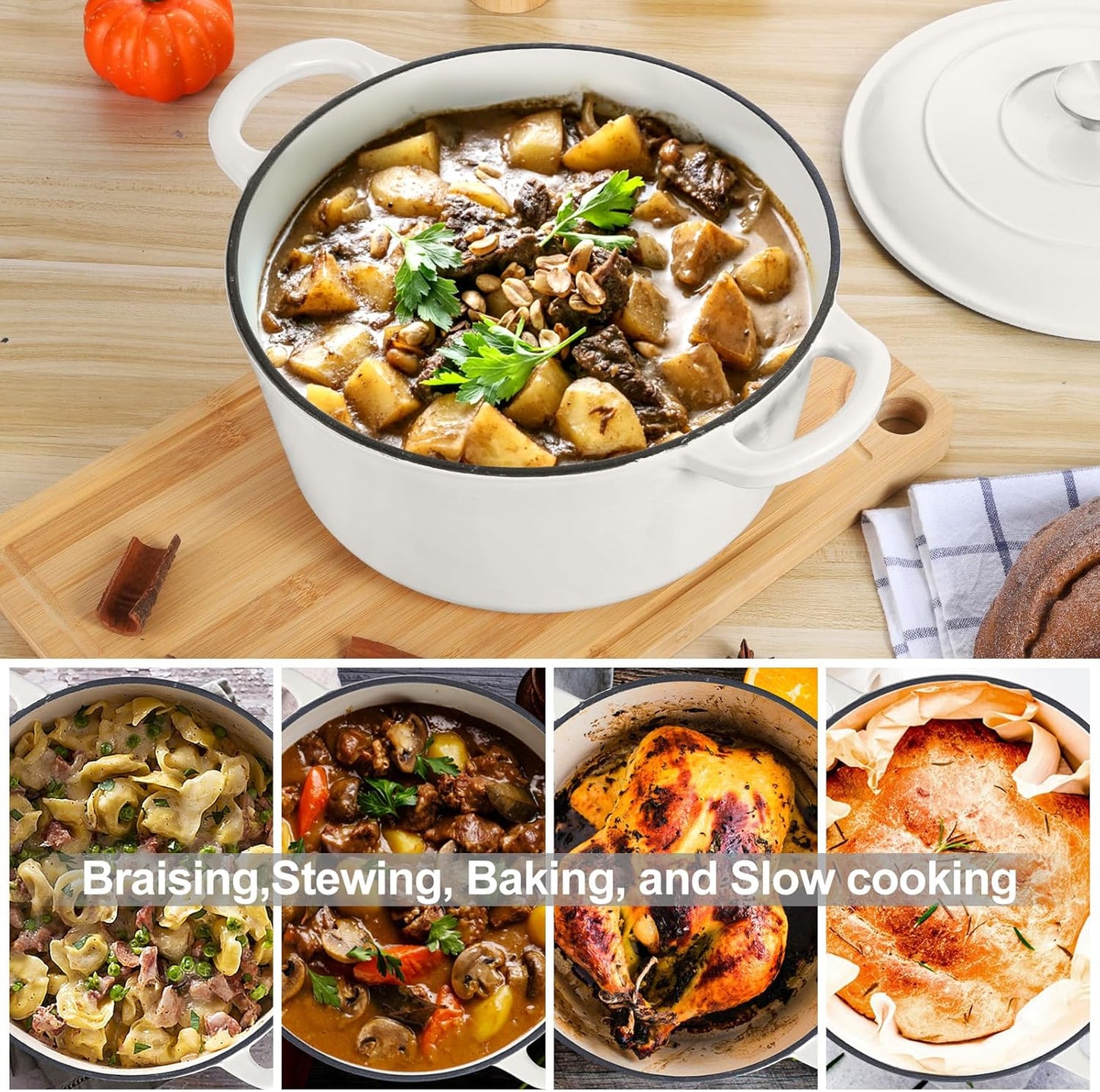 E-far 6 Quart Dutch Oven, Enameled Cast Iron Dutch Oven Pot with Lid, Nonstick Round Cookware for Braising/Stews/Roasting/Bread Baking/Cooking, Heavy Duty, Induction & Oven Safe - White