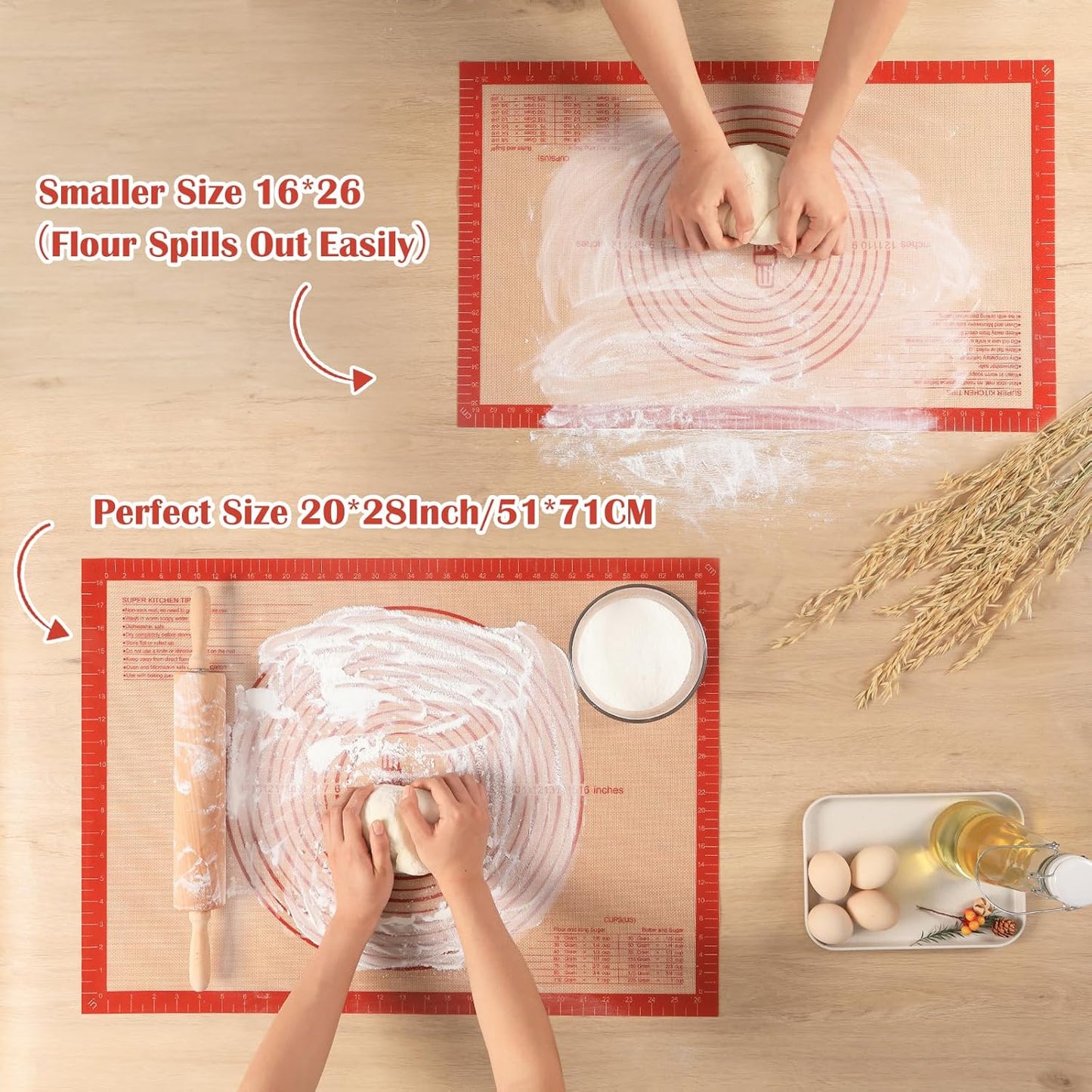 Non-slip Silicone Pastry Mat Extra Large with Measurements 28''By 20'' for Silicone Baking Mat, Counter, Dough Rolling, Oven Liner,Fondant/Pie Crust By Folksy Super Kitchen Red