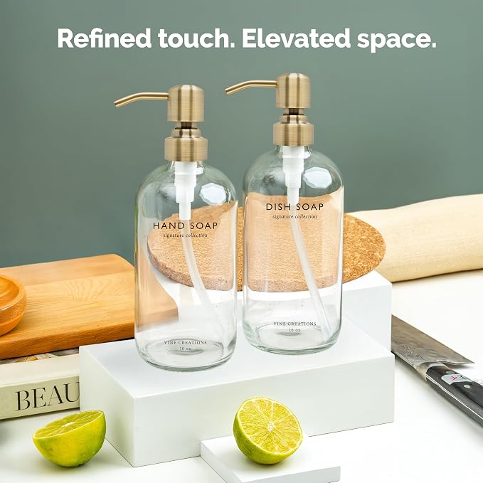 Vine Creations Clear Glass Soap Dispenser Set, Dish Soap and Hand Soap - Image 6