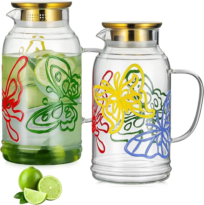 Buaic Glass Pitcher with Lid and Handle, 2 PACK 68 oz/2 Liter Vintage Hand by Buaic