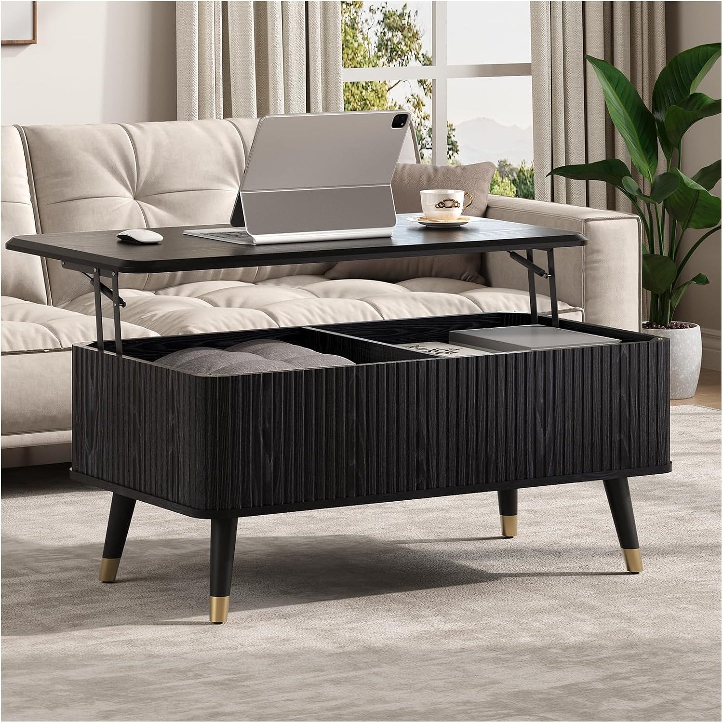 Lift Top Coffee Table, Mid Century Modern Coffee Table with Hidden Storage Compartment, 38" Fluted Center Table for Living Room, Home Office, Black