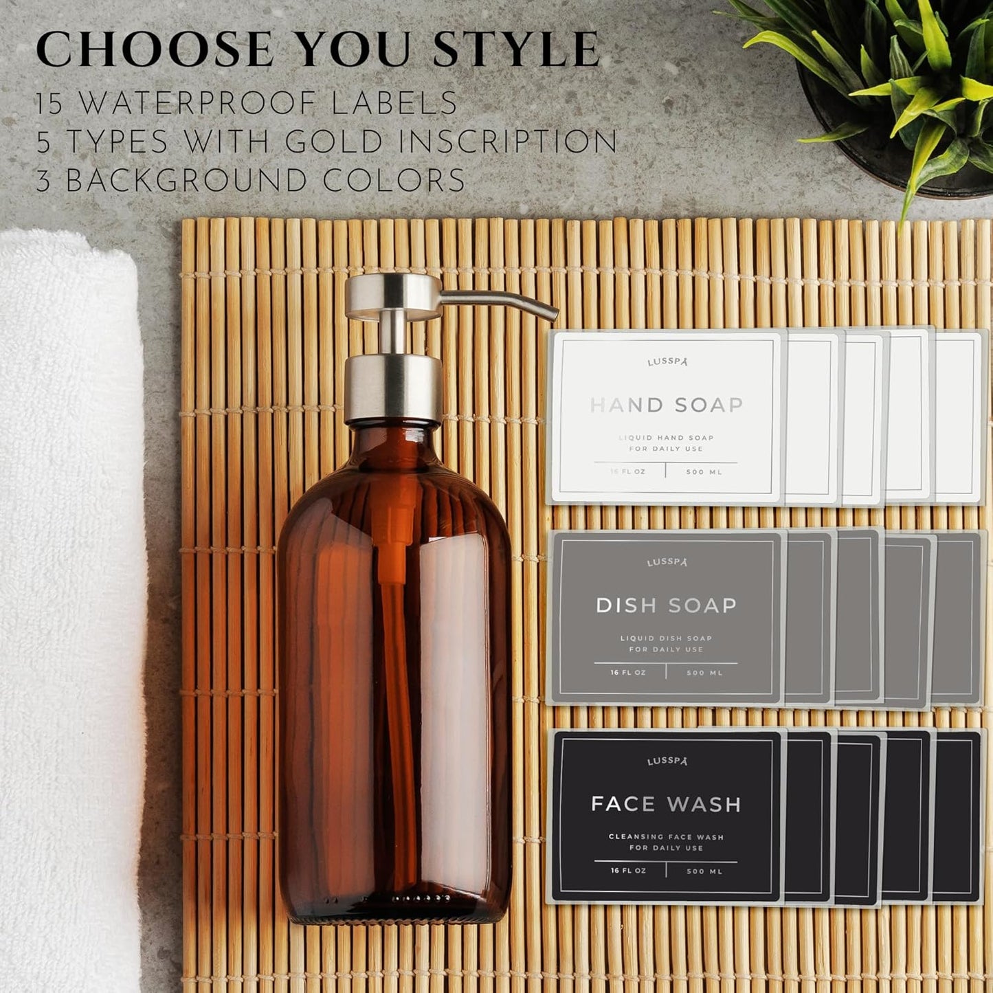 Lotion, Hand & Dish Soap Dispenser for Kitchen Sink - Bathroom Soap Dispenser Set of 2 16.8 Oz Glass Bottles with Stainless Steel Pump, 15 Water Proof Labels & Silicon Tray (Amber/Silver)