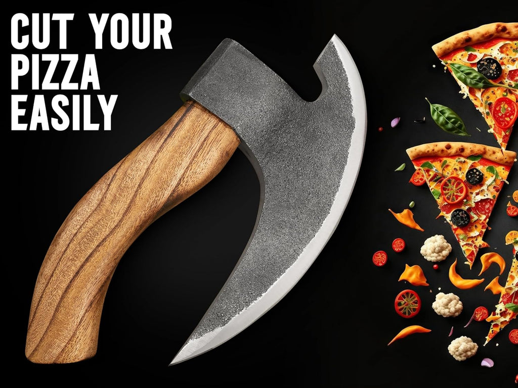 Handmade Viking Pizza Cutter Pizza Axe | Authentic Medieval Pizza Slicer with Ash Wooden Handle & Leather Sheath | Novelty Kitchen Tools for Pizza, Crust Cutting, and More