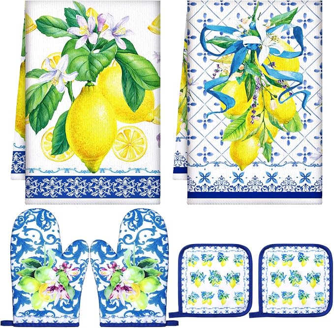 Bencailor 6 Pcs Lemon Kitchen Towels Oven Mitts and Pot Holders Set Decorative by Bencailor