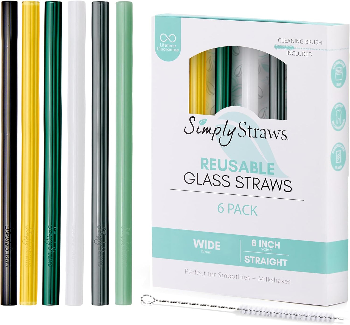 Simply Straws 8 Inch Wide Glass Straws (6-Pack) - 12mm Reusable Boba Straws for Milkshakes & Smoothies, with Cleaning Brush - Dishwasher Safe, Hot & Cold Use, BPA-Free (Fjord Mist)