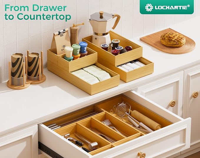 Bamboo Kitchen Drawer Organizer Boxes – 14" x 5" Stackable Wood Silverware - Image 7