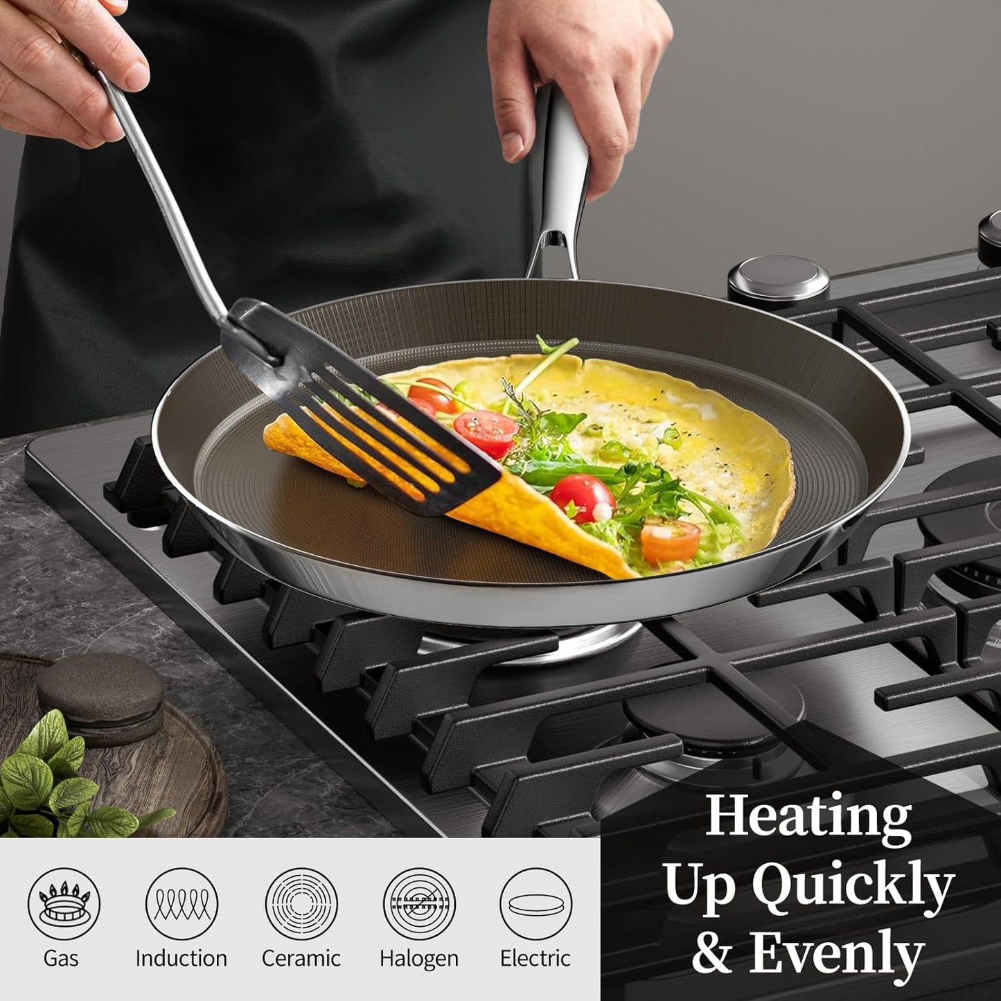 10 Inch Stainless Steel Crepe Pan - Titanium Ceramic Nonstick Crepe Pan, Stainless Steel Pancake Pan, Non Stick Flat Skillet Tawa Dosa Tortilla Griddle Pan, Induction Compatible, PFOA&PFAS Free