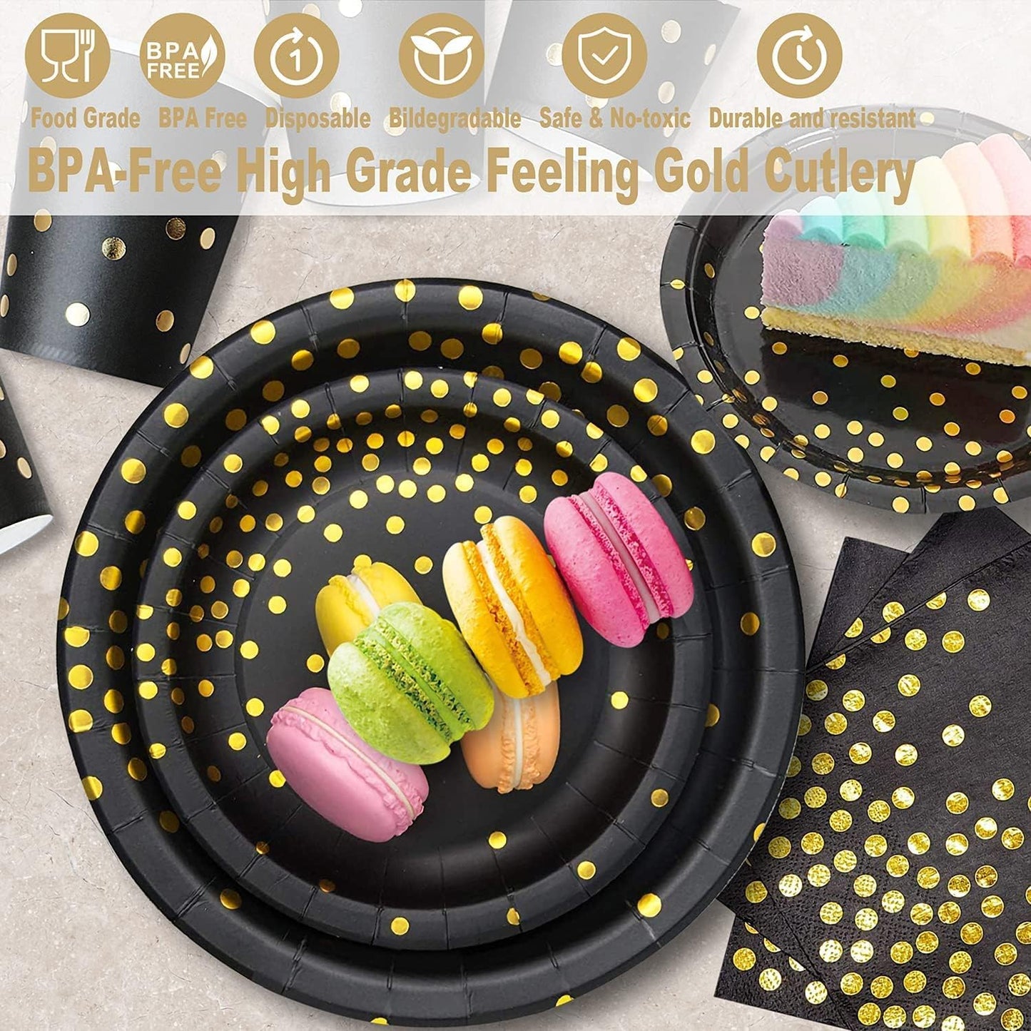 AIRE 175PCS Black and Gold Plates Party Supplies Dinnerware Sets for 25 Guests, Disposable Paper Party Plates, Dessert Plates, Cups, Napkins, Plastic Spoons, Forks, Knives for Wedding, Birthday