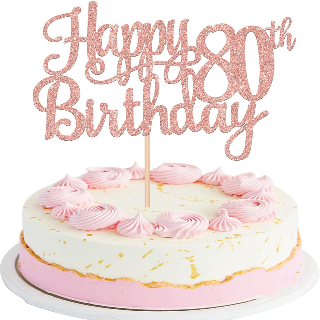1 PCS Happy 80th Birthday Cake Topper Glitter Cheers to 80 Years Birthday Cake Pick 80 Fabulous Cake Decoration for Happy 80th Birthday Theme Party Decorations Supplies Rose Gold