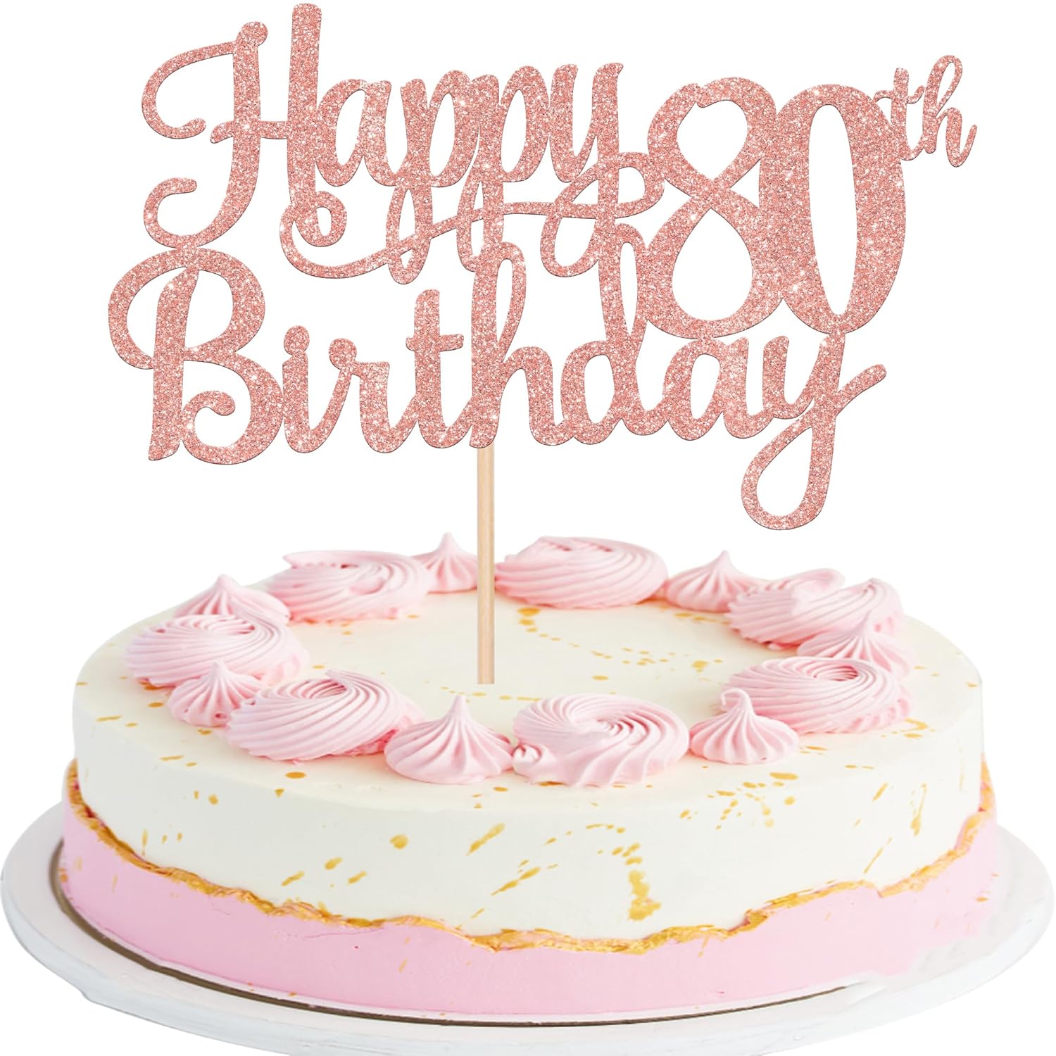 1 PCS Happy 80th Birthday Cake Topper Glitter Cheers to 80 Years Birthday Cake Pick 80 Fabulous Cake Decoration for Happy 80th Birthday Theme Party Decorations Supplies Rose Gold