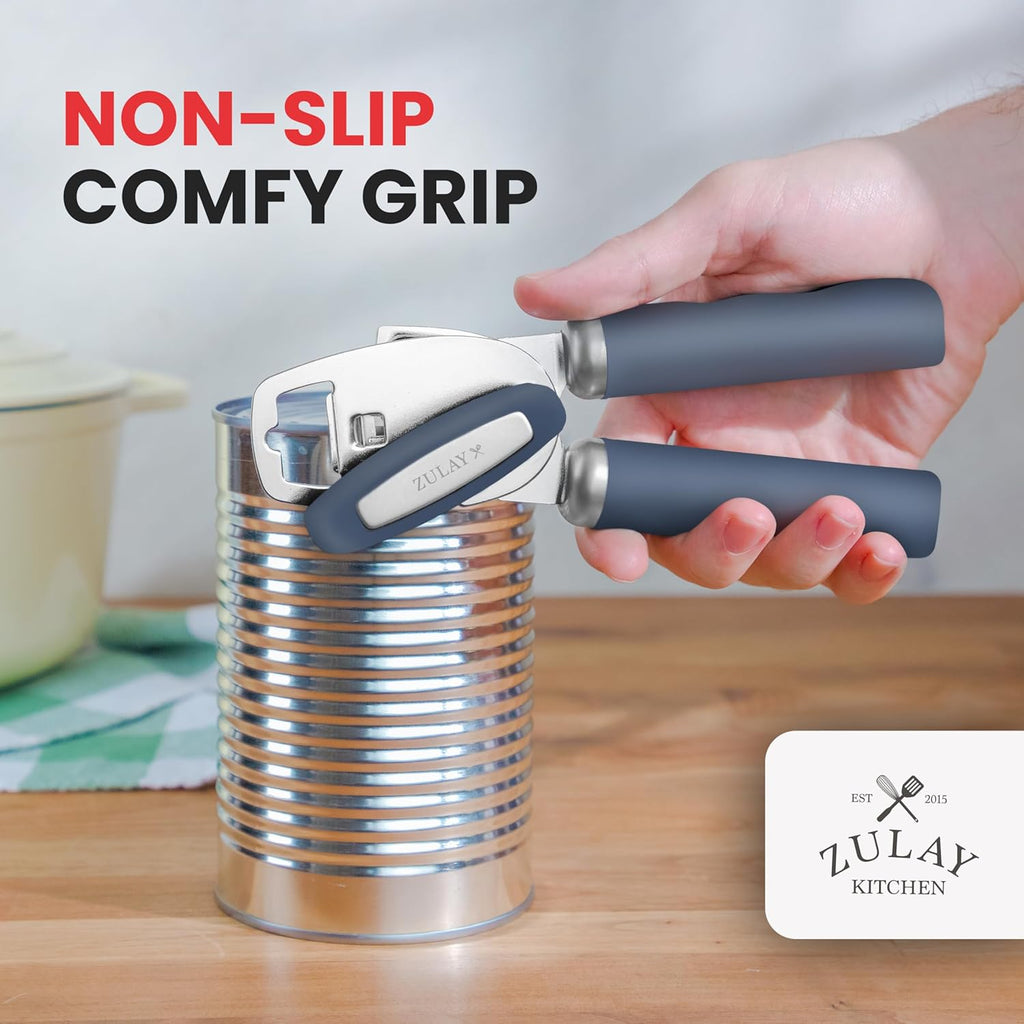 Zulay Kitchen Heavy Duty Stainless Steel Can Opener Manual with Bottle Opener - Rust Proof Manual Can Opener With Turn Knob & Comfy Soft Grip Handles - Blue