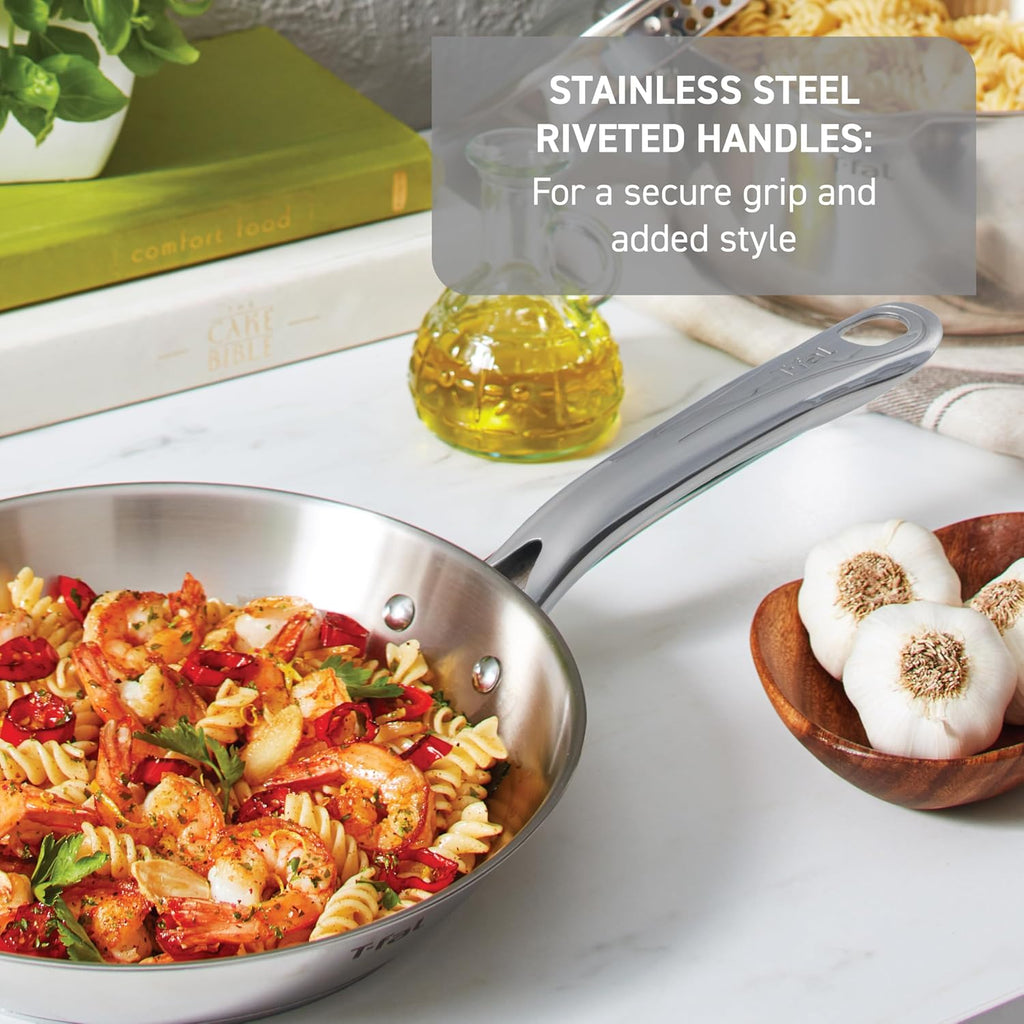 T-fal Stainless Steel Cookware Set 11 Piece, Induction, Oven Broiler Safe 500F, Kitchen Cooking Set w/Fry Pans, Saucepans, Saute Pan, Dutch Oven, Steamer, Pots and Pans, Dishwasher Safe, Silver