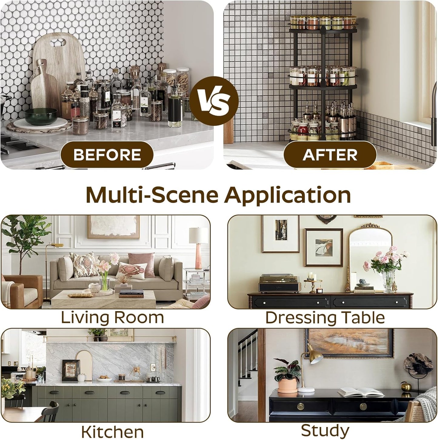 3-Tier Lazy Susan Organizer, Rotating Spice Rack, Spinning Organizer, Industrial Turntable Spice Rack Organizer for Cabinet, Kitchen Countertop, Pantry, Black SR23BK