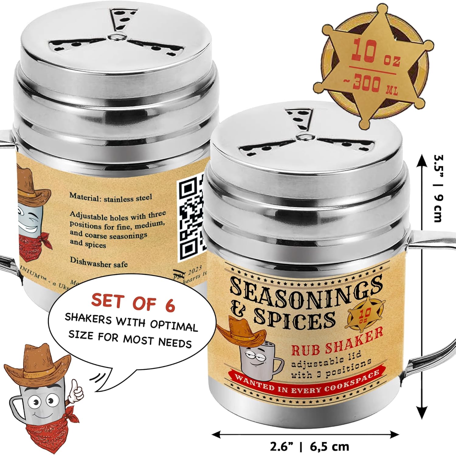 CUSINIUM [Pack of 6] 10 oz Seasonings Spice Shakers - BBQ Dry Rub Shakers - Cooking Dredge with Adjustable Fan-Style Lid and Handles