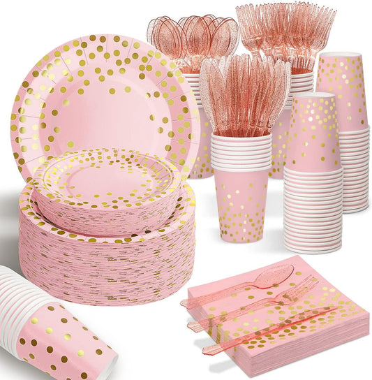 AIRE 175PCS Pink Rose Gold Plates Party Supplies Severs 25 Guests Disposable Party Decorations, Plastic Forks Knives Spoons, Golden Dot Paper Plates Napkins Cups for Baby Shower Birthday Wedding
