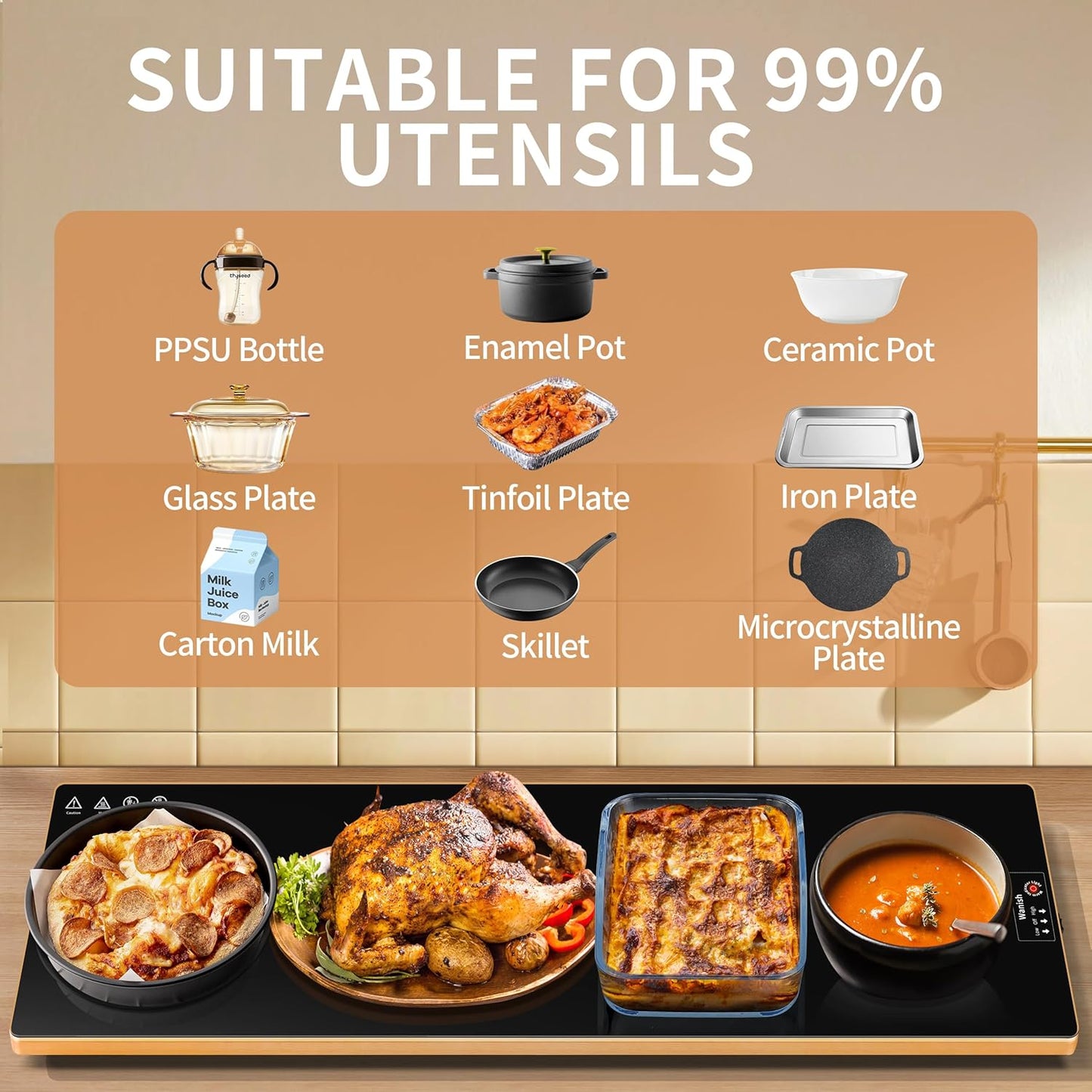 Electric Warming Tray (Extra Long 47”x12”)，Food Warmers for Parties Buffet with Thermostat&Full Surface Heating, Tempered Glass Warming Mat for Food, Temperature Adjustable Gold Edges Food Warming Mat