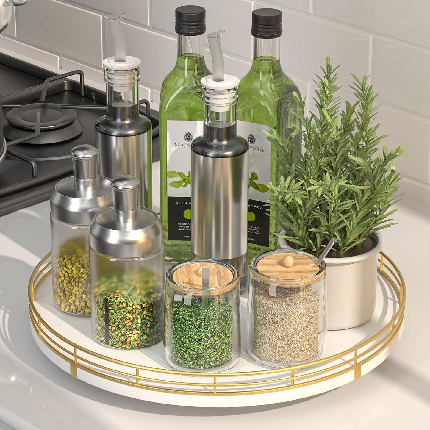 12" Wooden Lazy Susan Turntable for Cabinet – Round Rotating Spice Rack Organizer, White Kitchen Countertop Tray for Dining Table & Pantry Storage (White & Gold)