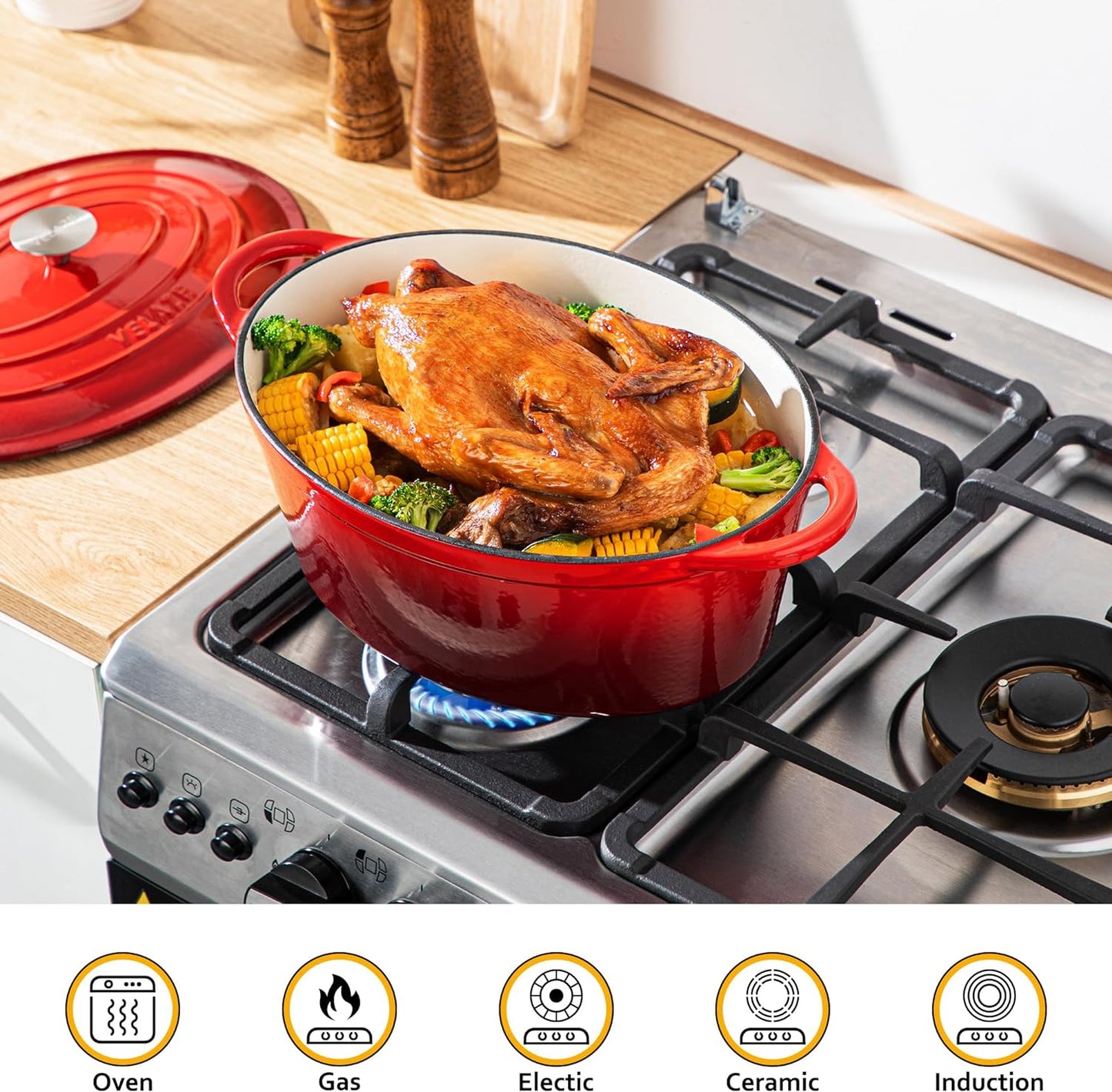 Velaze 7.5 QT Enameled Oval Dutch Oven Pot with Lid, Cast Iron Dutch Oven with Dual Handles for Bread Baking, Cooking, Frying, Non-stick Enamel Coated Cookware (RED)