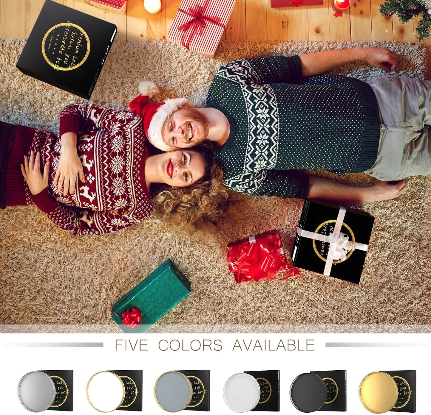 13" Wooden Lazy Susan Turntable for Cabinet – Round Rotating Spice Rack Organizer, Gray Kitchen Countertop Tray for Dining Table & Pantry Storage（Gray & Gold）