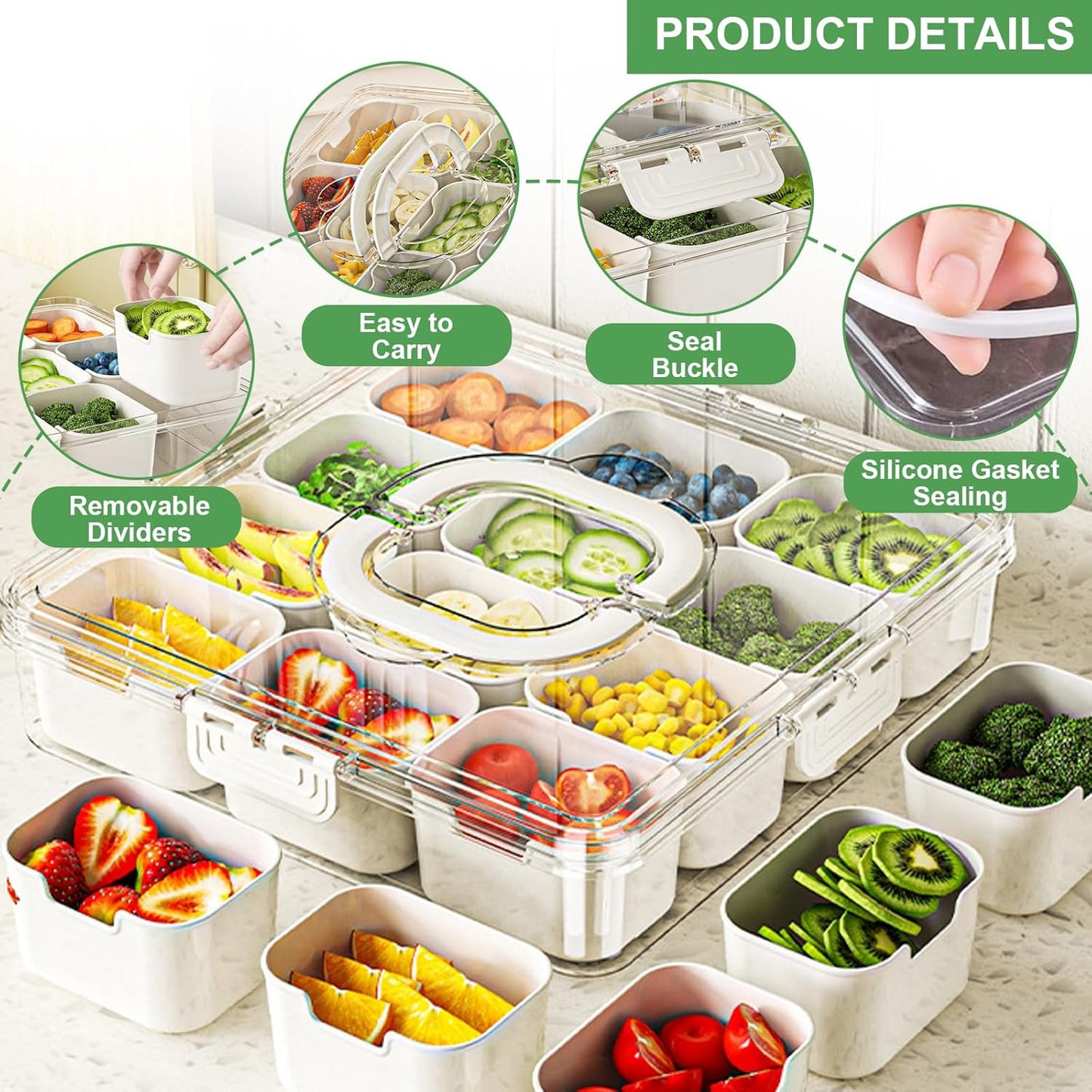 Divided Serving Tray with Lid and Handle, Portable Snack Box, 12 Compartments Veggie Fruit Tray, Charcuterie Platter Snackle Box Container for Party, Snacks, Picnic, LARGER SIZE