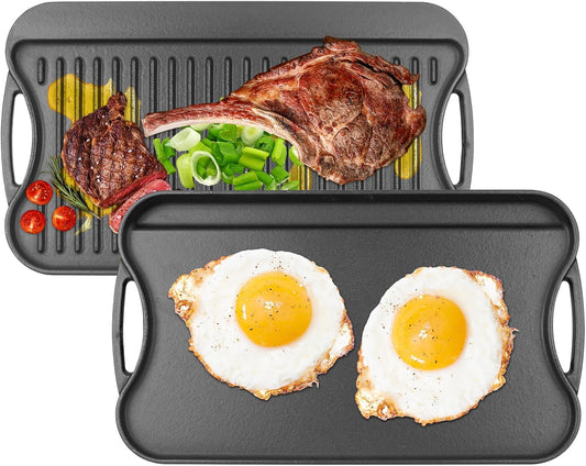 Cast Iron Reversible Grill/Griddle Pan - 17"x10" Pre-Seasoned Rectangular Double Sided Griddle Plate for Gas Stove, Oven, Camping, Indoor & Outdoor Cooking - Non-Stick, Durable & Versatile