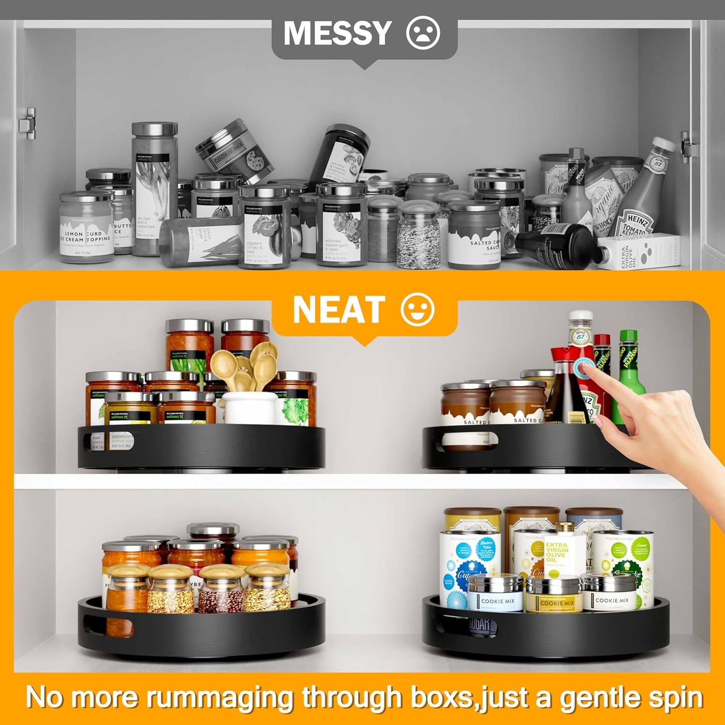 Lazy Susan Organizer Homerays 12 Inch Non-Skid Bamboo Lazy Susan for Kitchen Rotating Spice Rack with Handles, Wood Turntable for Kitchen Cabinet,Countertop (Black, Medium)