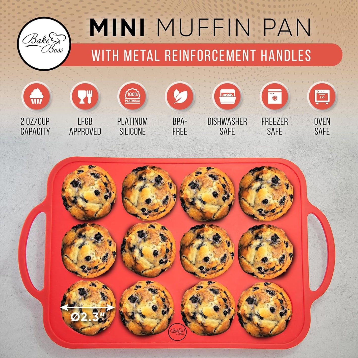 Silicone Muffin Pan With Handles, 12 Cups Cupcake Pan, Silicone Muffin Cups For Baking, Eggs & Cupcakes, Non-Stick Cupcake Molds Dishwasher Safe & BPA Free - Red Color