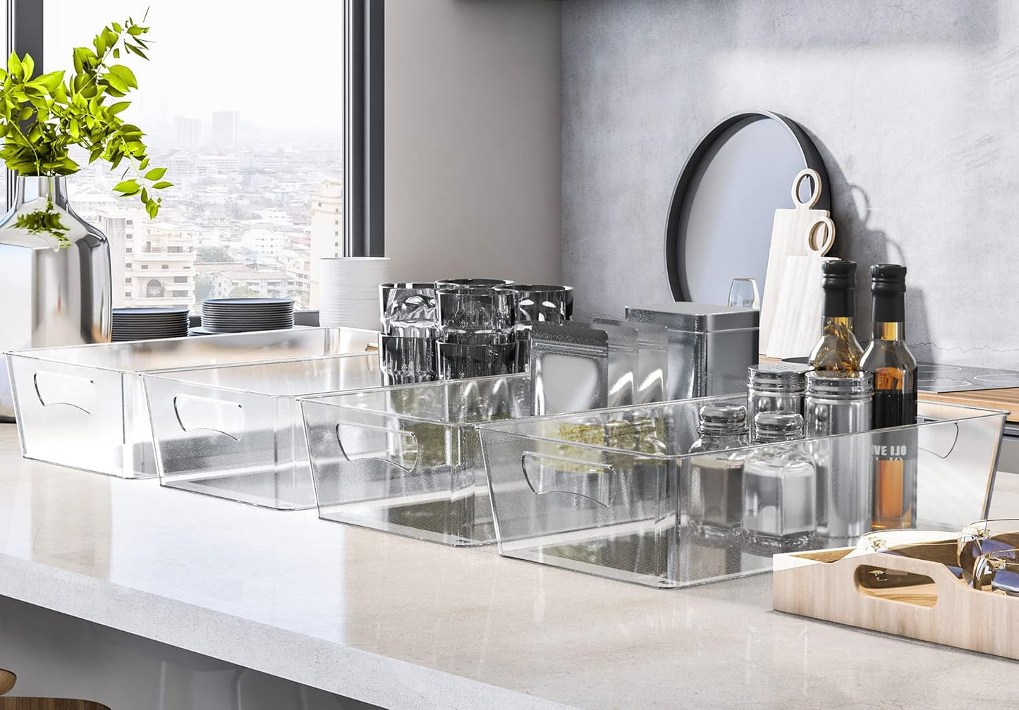 Simple Houseware 4 Pcs Kitchen Clear Bin Storage Organizer, 15" x 8" x 3.75"