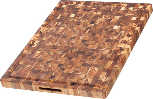 Teakhaus Butcher Block Carving Board - Extra Large Reversible Wooden Cutting Board with Juice Groove and Grip Handles - Teak End Grain Wood - Knife Friendly - FSC Certified