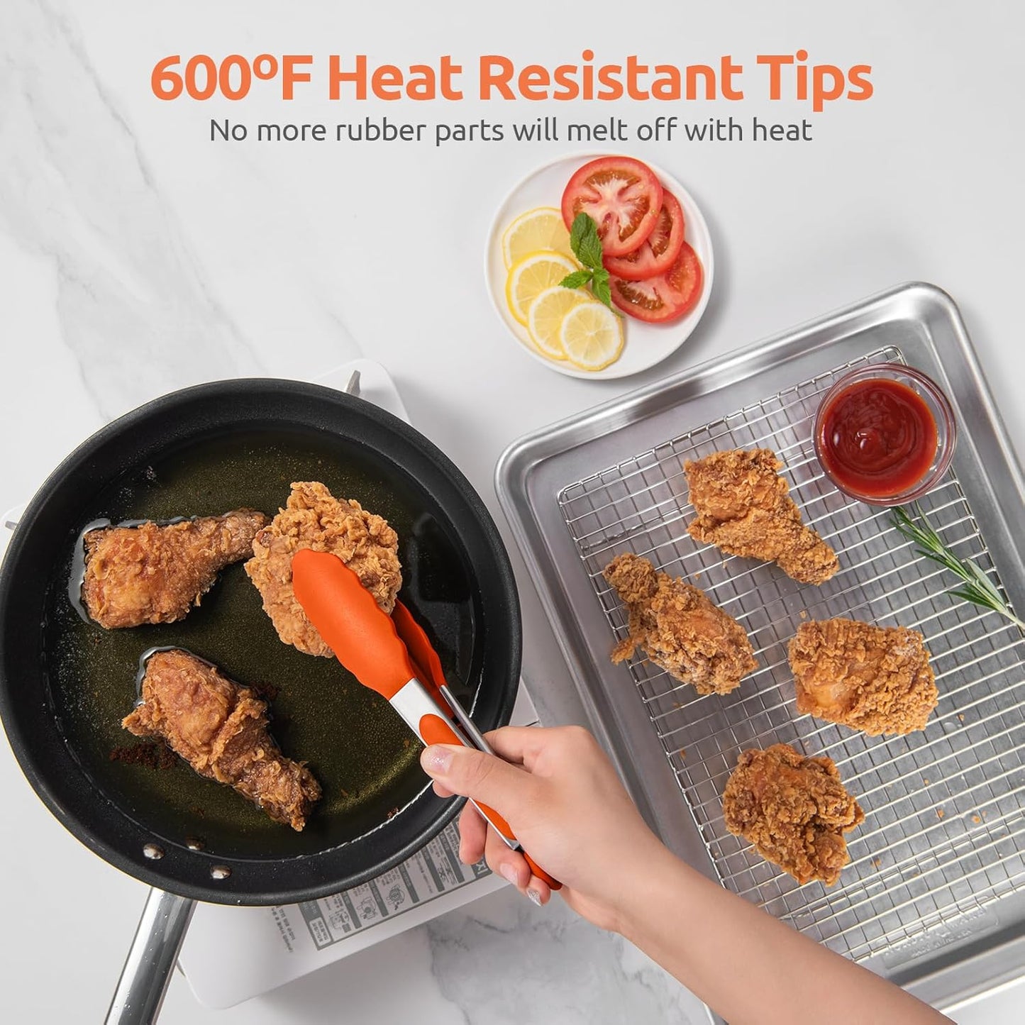 600ºF Heat Resistant Kitchen Tong: U-Taste 7 inch Silicone Cooking Tong with Firm Sealed Non Stick Rubber Tips & Silicon Coated 18/8 Stainless Steel Handle & Smooth Locking for Serving Salad (Orange)