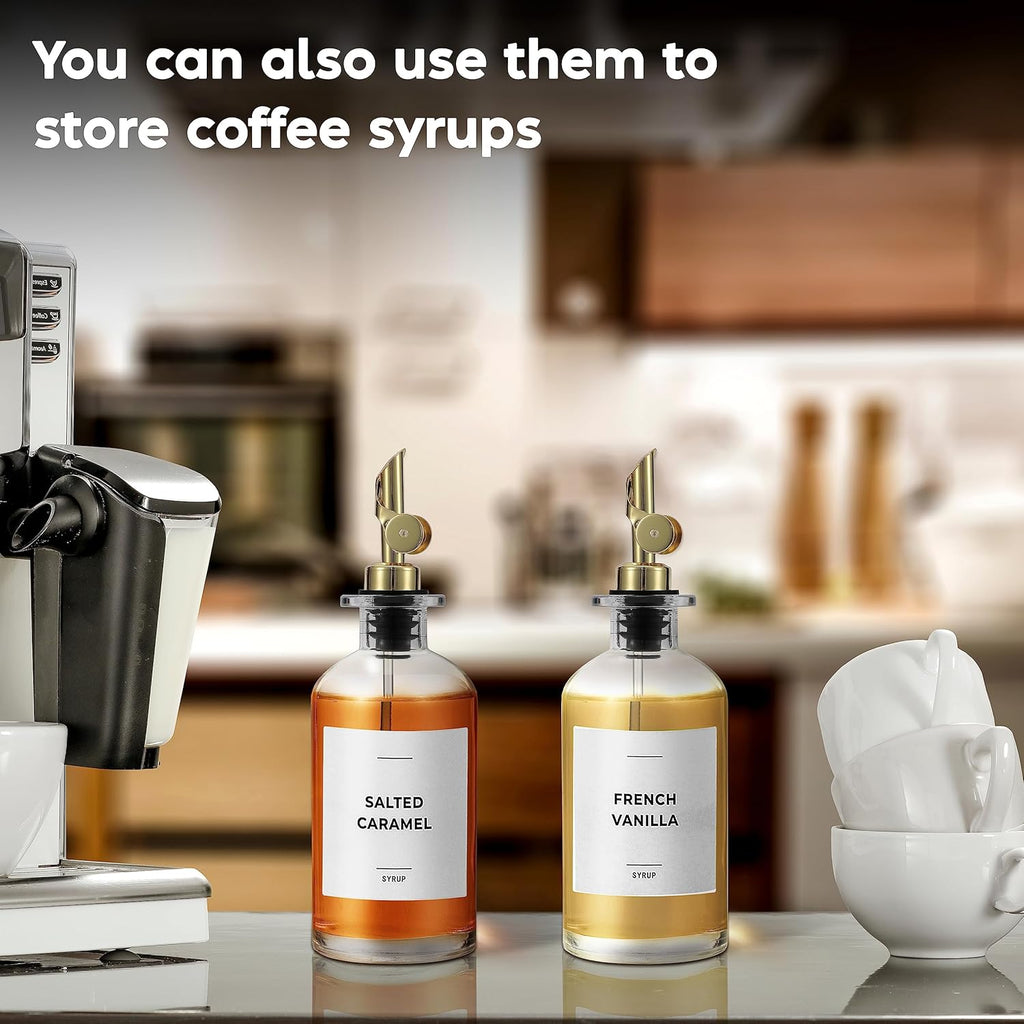 Olive Oil Dispenser Bottle - Includes 55 Kitchen Essential Labels - Cooking Oil Bottles for Kitchen, Coffee Syrup Dispenser - Pourer Spout with 11.8 fl oz Glass Container Cruet - 2pcs, Gold