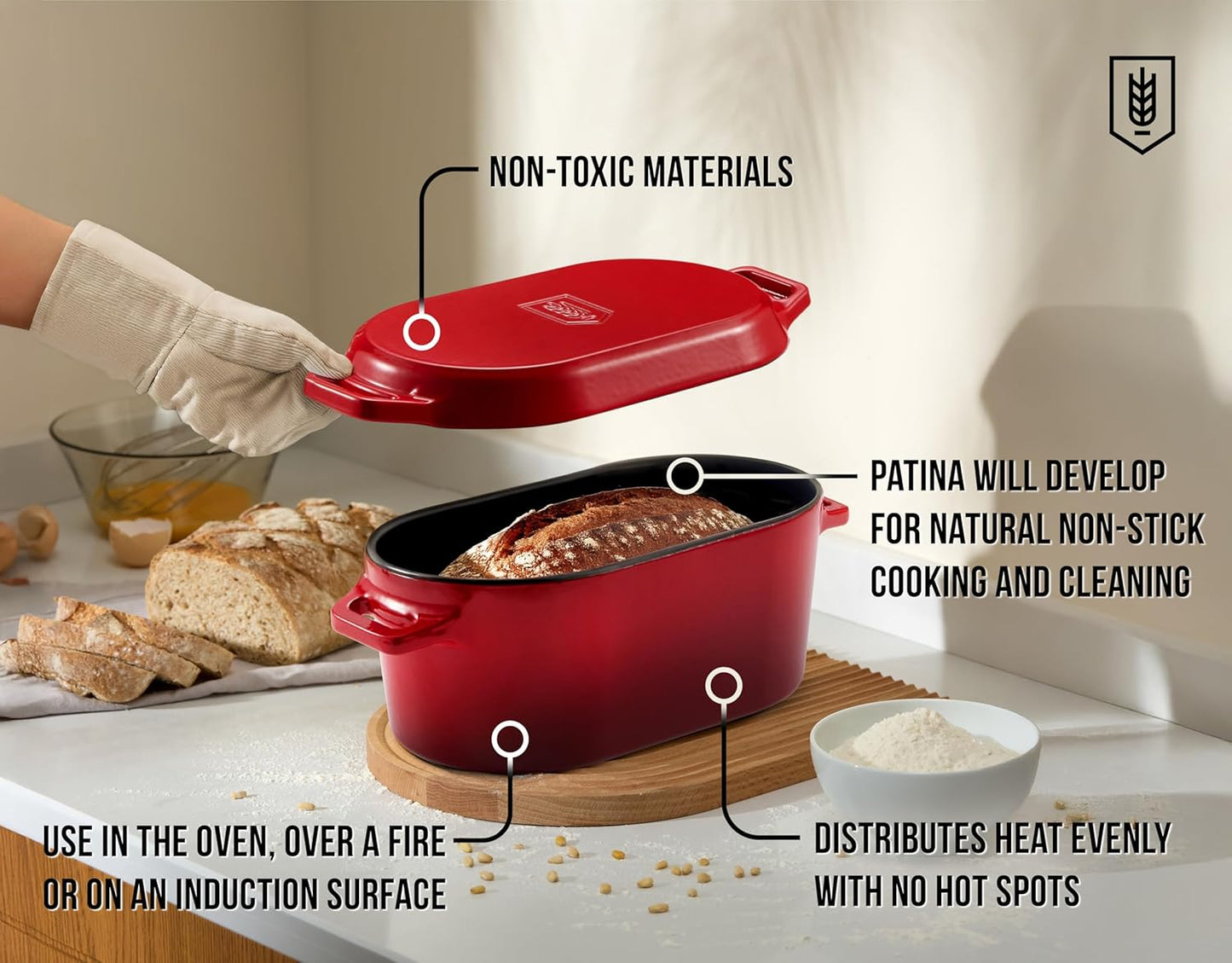 Kook Dutch Oven with Lid, Dual Handles, Enameled Cast Iron, Great for Baking Bread, Cooking and Roasting, Dishwasher Safe, 3.4 Qt, Cherry Ombre