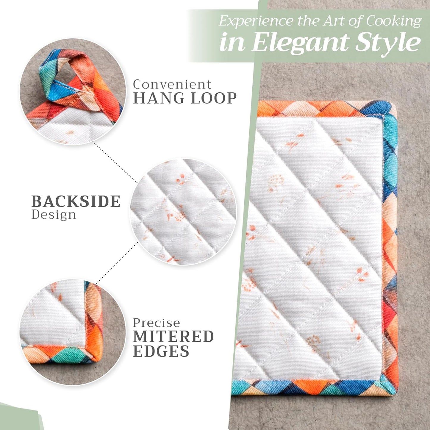 Maison d' Hermine 100% Cotton Oven Mitt & Pot Holder Set (7.5"x13" & 8"x8") Heat Resistant BBQ Cooking Gloves with Loop, Baking, Grilling, Kitchen, Handling Hot Pans (Faisan D'Automne)