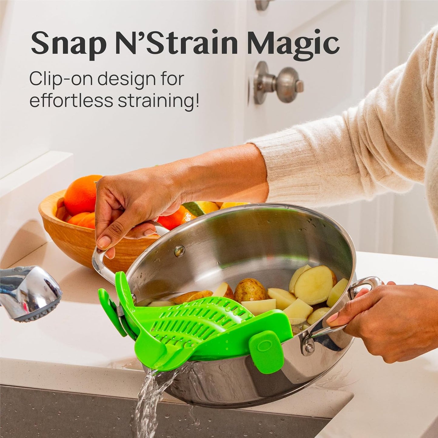 2 Pack Kitchen Gizmo Snap-On Strainer - Silicone Clip-On Strainer for Pots and Pans - Collapsible Design - Heat Resistant Colander for Vegetables and Noodles - Ideal for Rice, Grains - Green/Grey