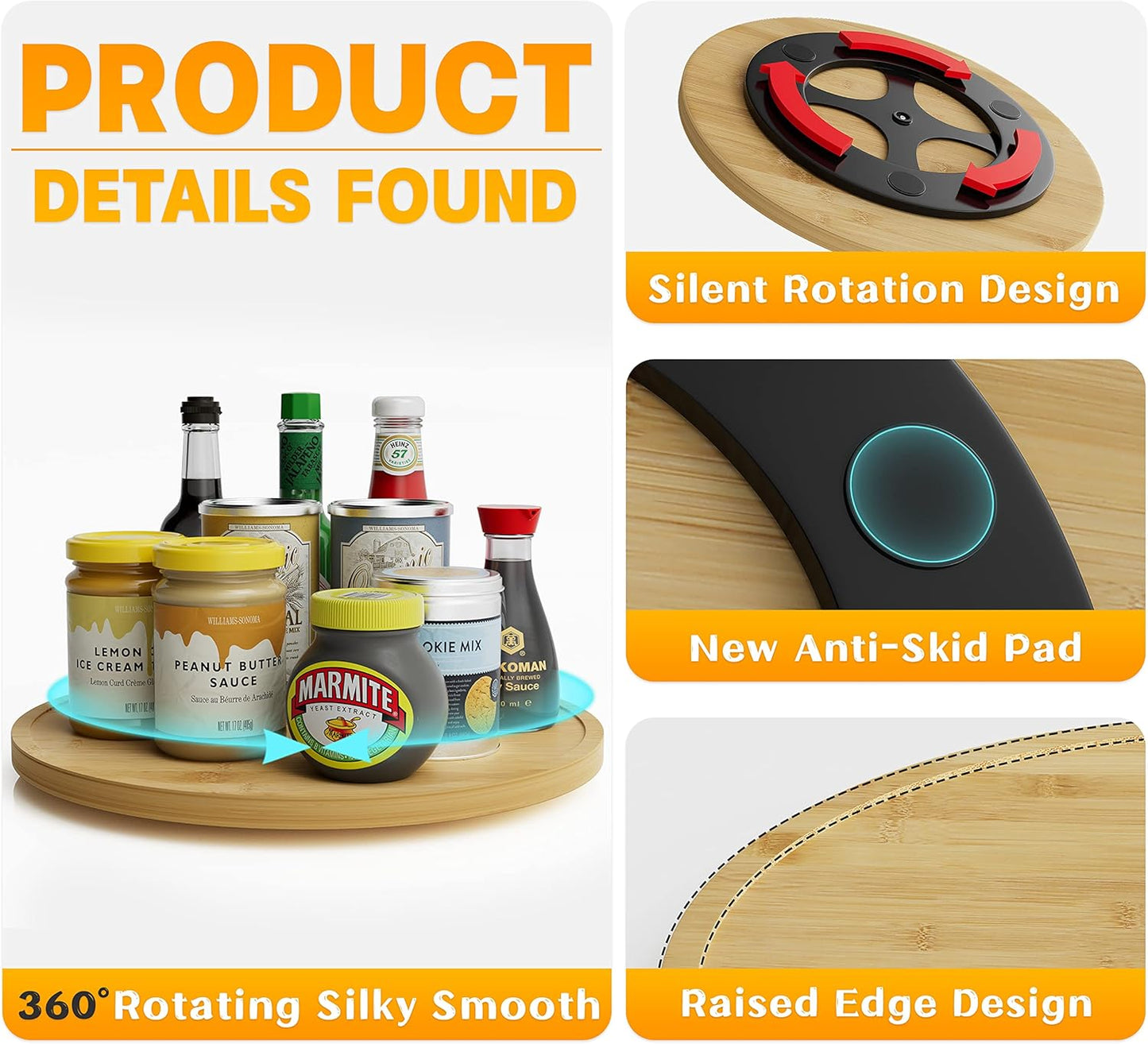 Lazy Susan Organizer Homerays 12 Inch Non-Skid Bamboo Lazy Susan for Kitchen Rotating Spice Rack for Kitchen Cabinet, Wood Turntable for Kitchen Countertop Organizer