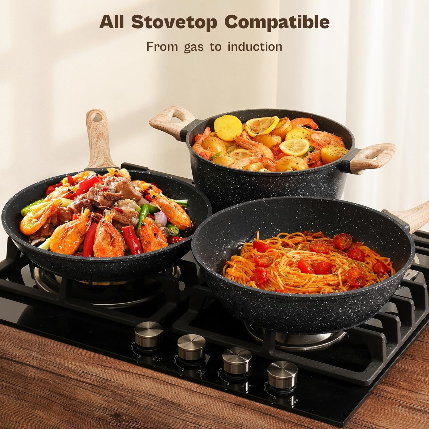 13 Pcs Pots and Pans Set, Nonstick Cookware Sets Black Granite Induction Cookware, Non-toxic Healthy Non stick Kitchen Cooking Set with Frying Pans Set, Saucepans (PFAS/PFOA/PFOS Free)