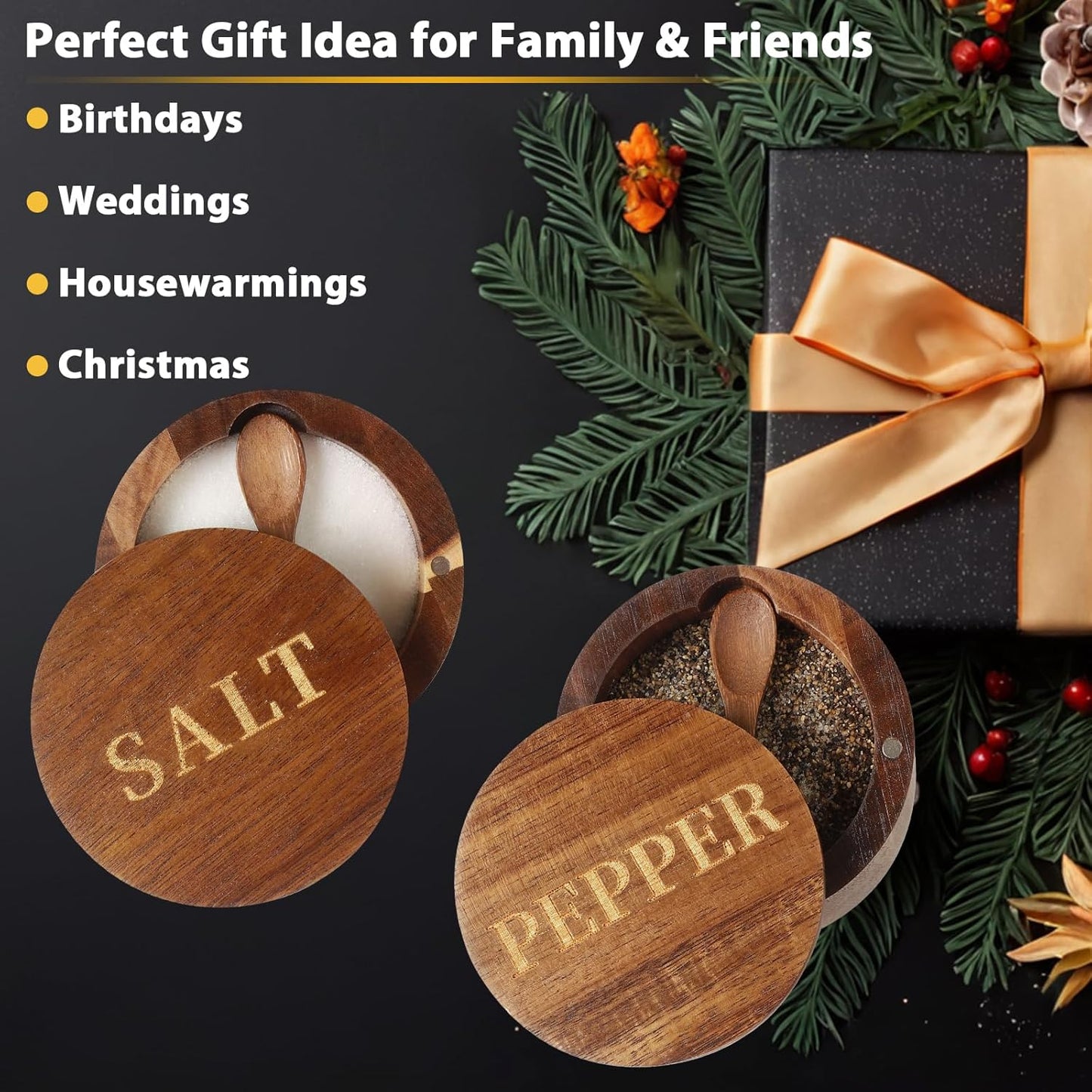 Salt Cellar, Elegant Salt and Pepper Set, 2PCS Acacia Wood Salt Container with Built-in Spoon & Swivel Lid, Engraved SALT & PEPPER Box, Salt Holder for Countertop Seasoning Storage