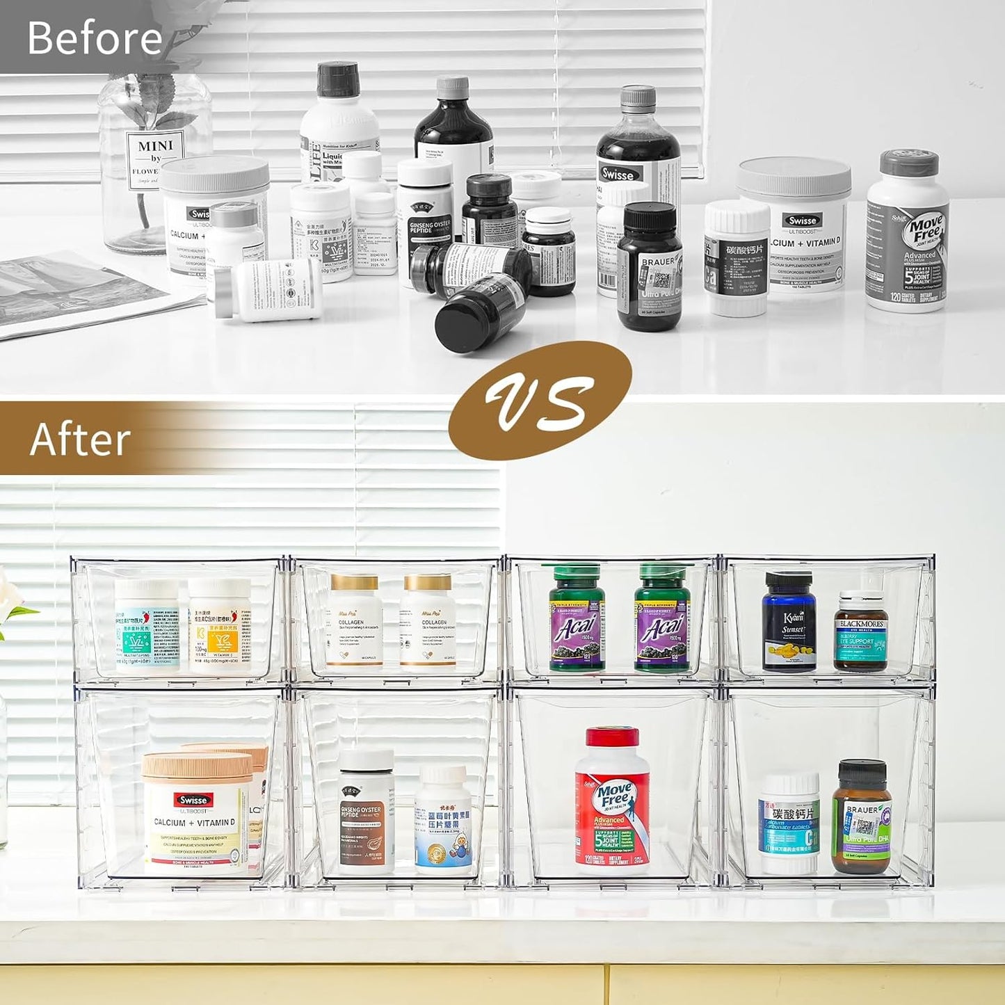 6Pack Stackable Kitchen Storage Organizer, Pantry Organizers and Storage, Clear Foods Organizer Bins with Handles, Easily Assemble for Bathroom, Kitchen, Pantry, Cabinet, Closet