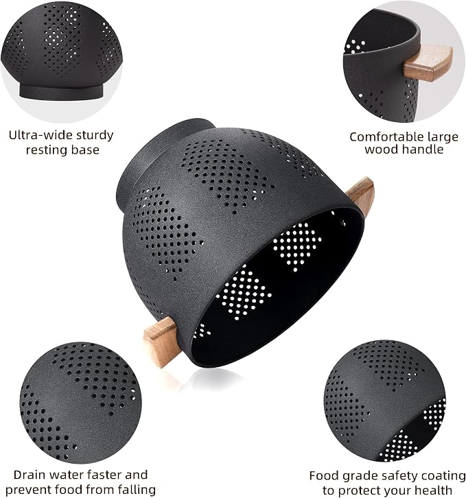 Metal Colander with Wood Handle and Stable Base, Powder Coated Steel Kitchen - Image 4