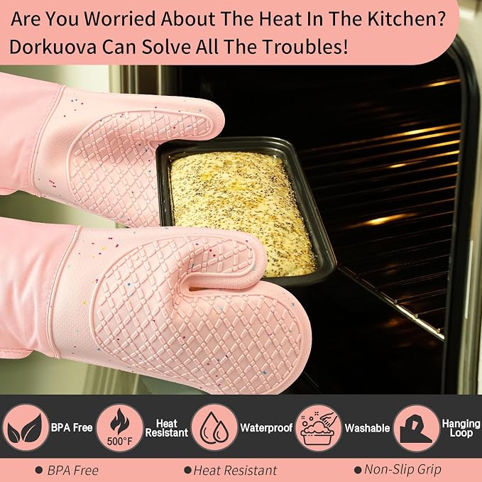 Pink Oven Mits, Heat Resistant, Non-Slip Grip Pattern, Baking Gloves - Image 6