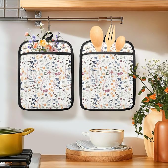 Vintage Floral Oven Mitts Set, Colorful Wildflowers Floral Heat Resistant - Image 3