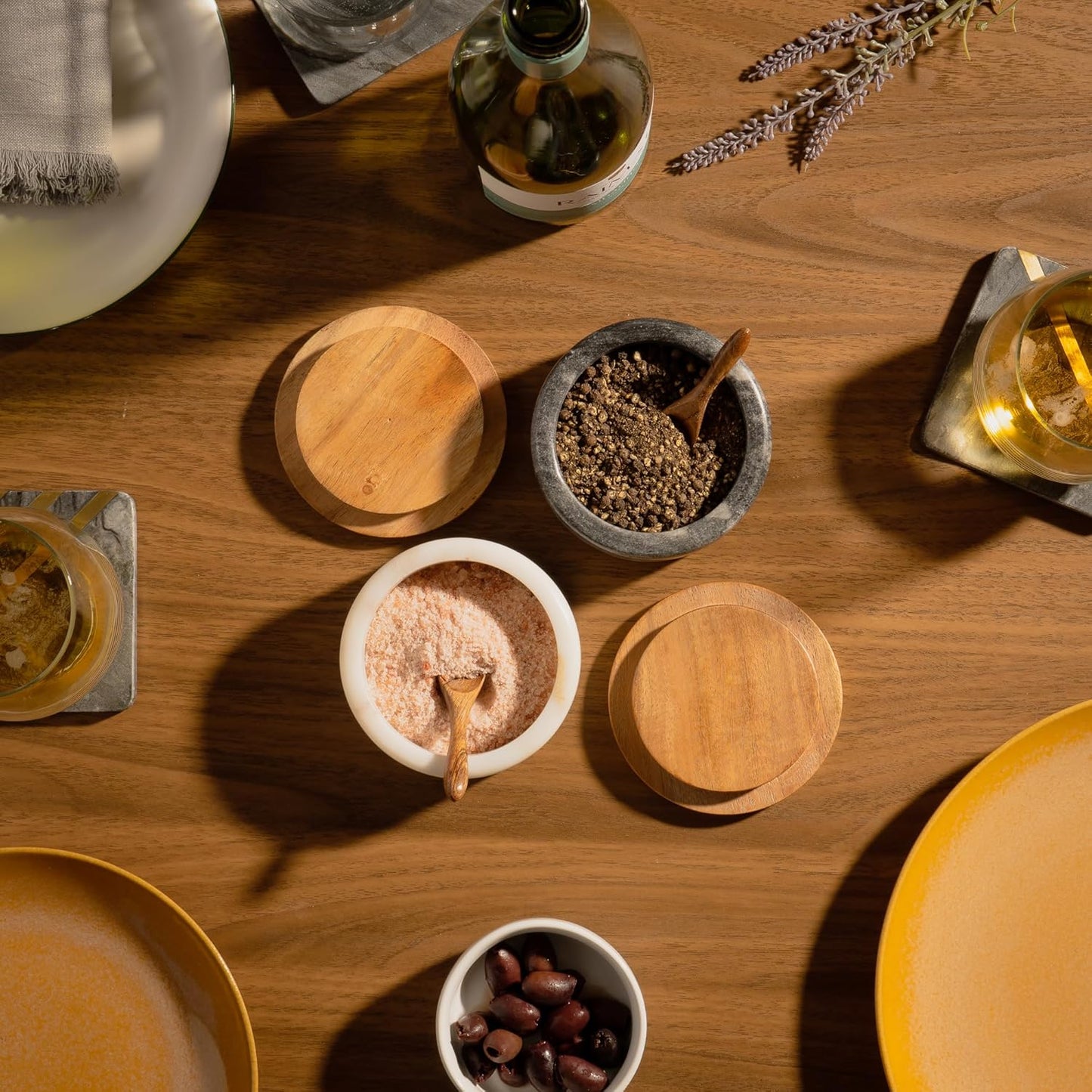 Cork & Mill Grey Marble Salt Cellar with Acacia Wood Lid and Spoon - Elegant Modern Salt Container for Countertop - Handcrafted Pepper Pot - Wide 4” Pepper Holder with Non-Skid Feet