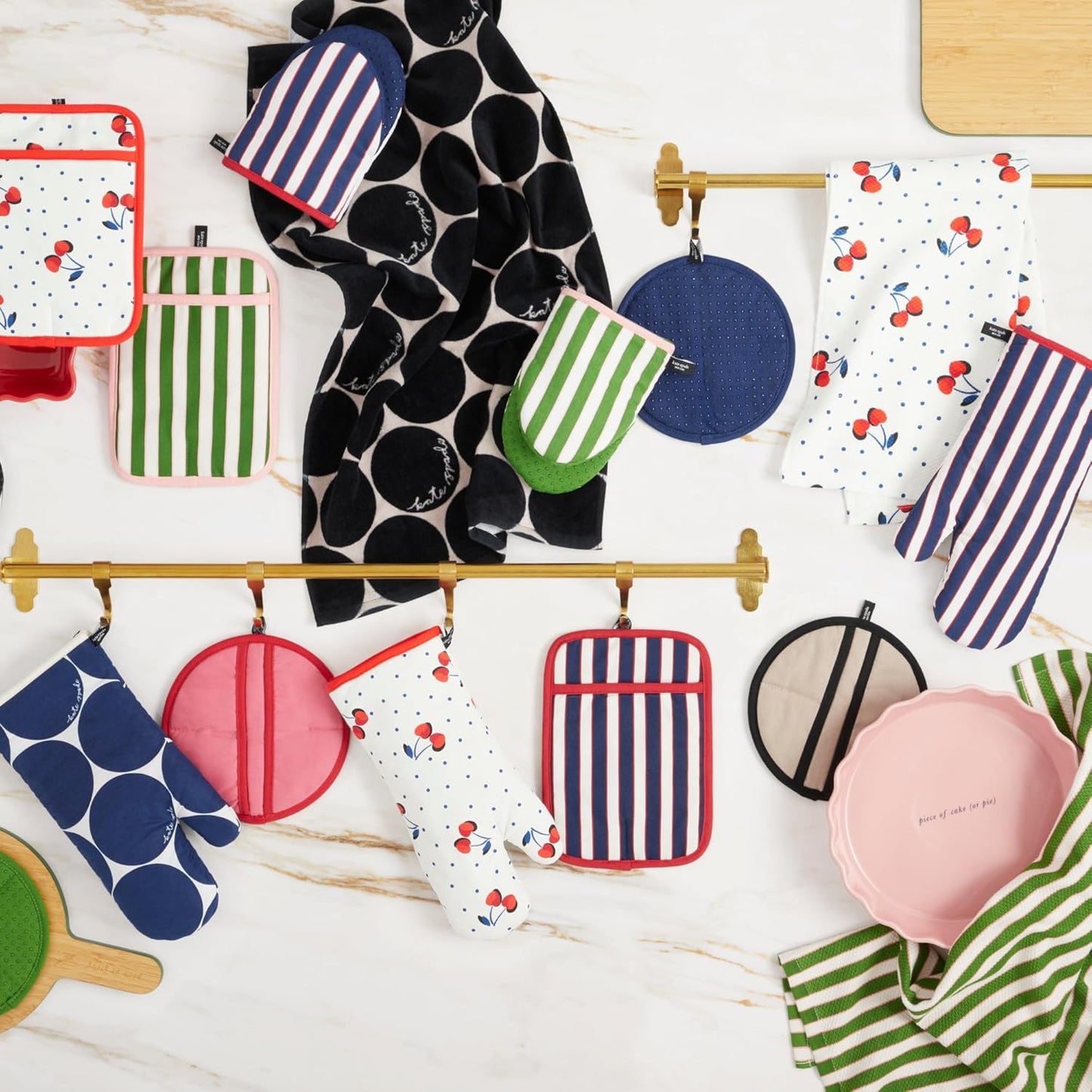 Kate Spade New York Cherry Dot Kitchen Towel, Oven Mitt & Pot Holder 4-Pack Set, 17" x 28", 7" x 13", 7" x 10", White/Red/Blue
