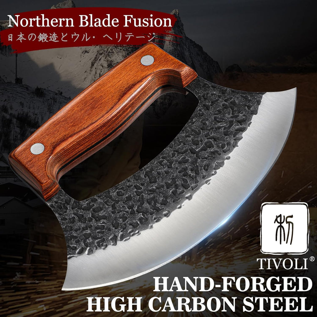 TIVOLI Hand-Forged Ulu Knife – Full Tang High Carbon Steel, Japanese-Inspired with Sheath & Gift Box, Mezzaluna Rocker Knife & Pizza Cutter for Kitchen, Camping & BBQ,Japanese Birthday Gifts for Men