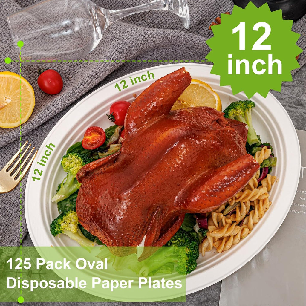 WELLIFE 100% Compostable Oval Paper Plates 12 Inch, 125-Pack Heavy Duty Paper Plates Bulk,Biodegradable Bagasse,Eco-Friendly Disposable Dinner Plate for BBQ,Picnic,Party (BPI Certified,Microwaveable)