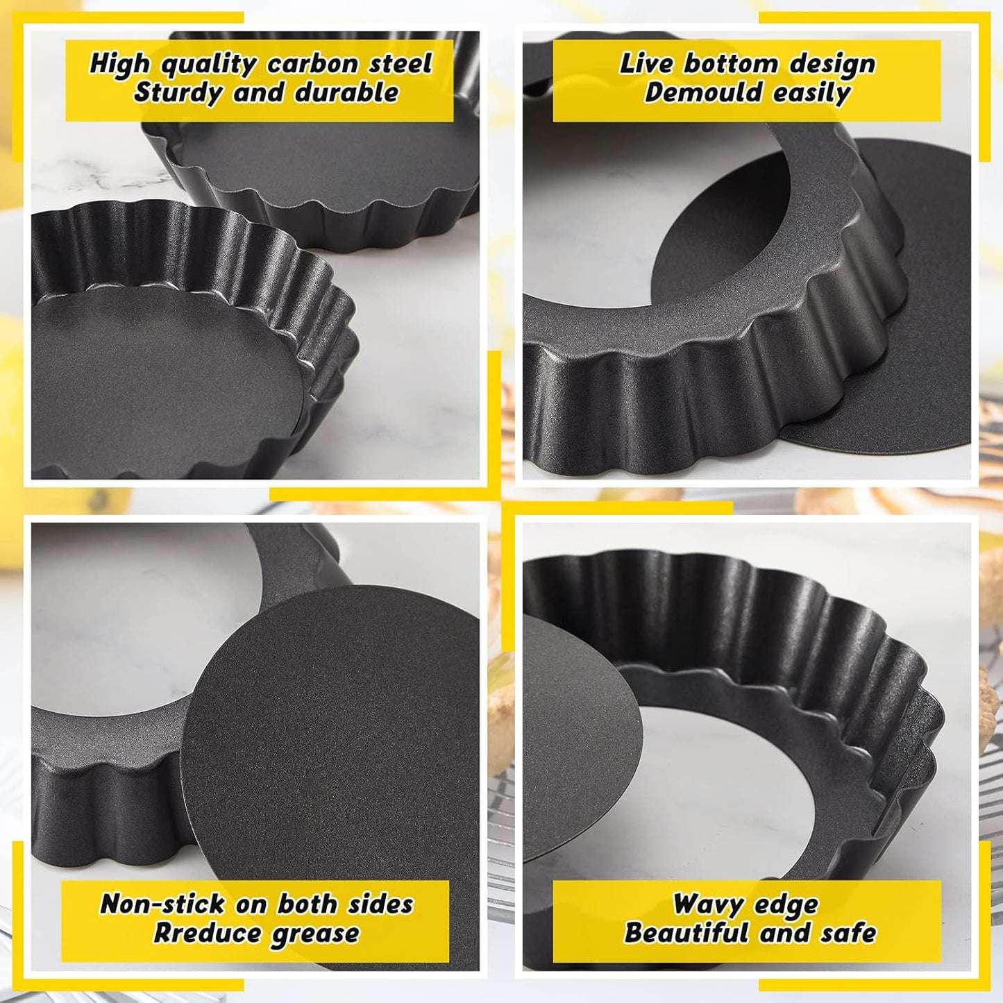 Tessco 16 Pieces Mini Tart Pans with Removable Bottom Nonstick Quiche Mini Pie Tart Pans Bakeware Mold Fluted Side for Pies(Black Round,5 Inch)