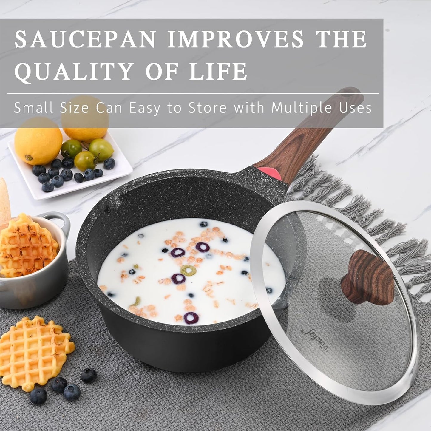VINCHEF Nonstick Saucepan with Lid, 3QT Sauce Pan with Stay Cool Handle, Non Stick Small Cooking Pots Induction pot, Dishwasher Safe, Compatible for All Stove Top, PFAS and PFOA Free Black