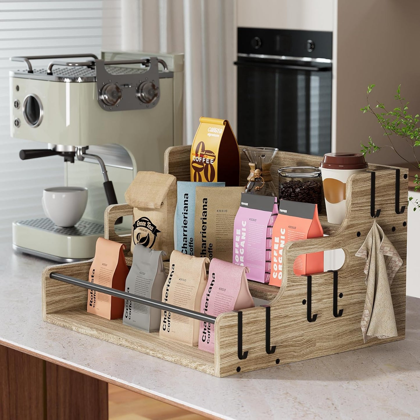 3-Tier Liquor Bottle Display Shelf, Bar Stand for Whiskey, Spirits, Coffee Syrup Rack Organizer, Countertop Wine Rack for Home, Mini Coffee Bar, Small Liquor Cabinet and Kitchen Light Brown