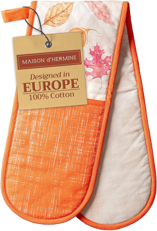 Maison d' Hermine Double Oven Mitts 100% Cotton 7"x35" Double Oven Mitt Heat Resistant BBQ Cooking Gloves with Loop, Baking, Grilling, Home, Kitchen, Handling Hot Pans (Colors of Autumn)